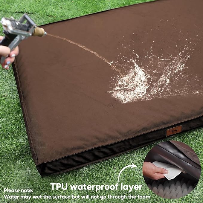 Outdoor Extra Large Dog Bed, Jumbo Waterproof Dog Bed for Large Dogs, Orthopedic Egg Foam Pet Bed Mat with Removable Oxford Cooling Cover, Brown