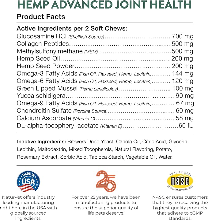 NaturVet Hemp Advanced Joint Health Dog Supplement Plus Hemp Seed – Helps Support Joint Health in Dogs – Includes, Collagen, Glucosamine, MSM, Chondroitin, Omegas – 60 Ct.