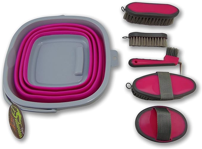Collapsible Grooming Kit 10 Liter Bucket and 5 Grooming Tools by Southwestern Equine (Pink)