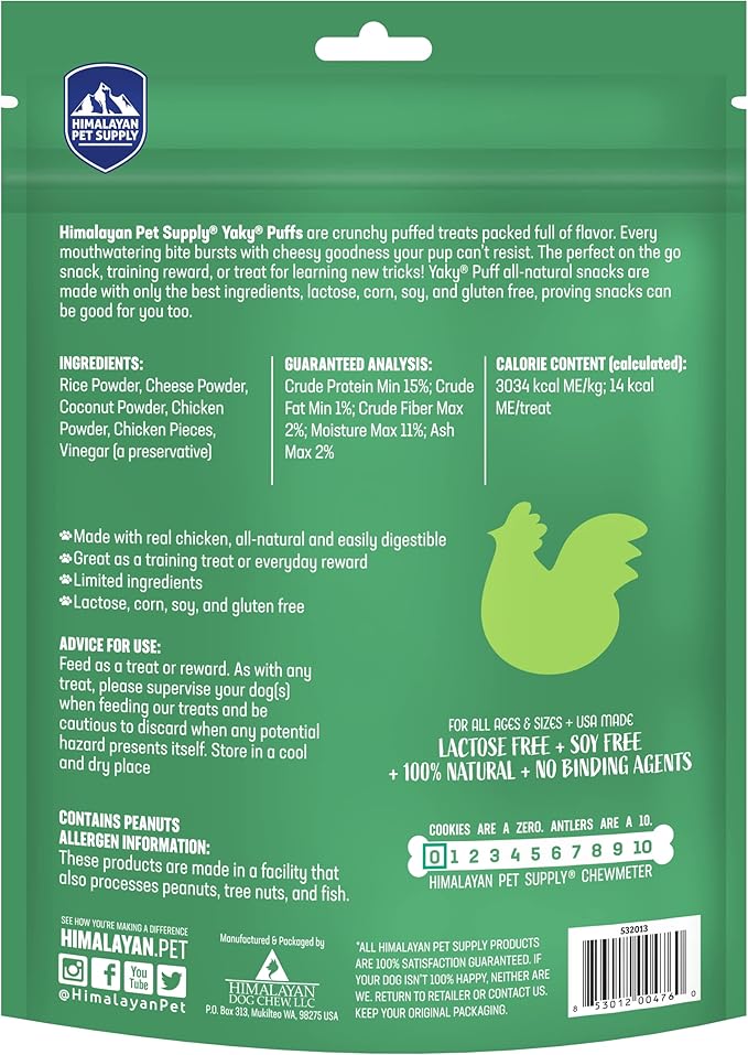 Himalayan Dog Chew Yak Cheese Treats, 100% Natural, Long Lasting, Gluten Free, Healthy & Safe, Lactose & Grain Free, Protein Rich, Chicken Flavor Flavor Crispy Puffed Treat, For All Breeds, 9.9 oz