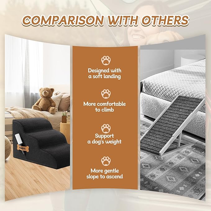 Romrol Dog Stairs Ramp for Beds Couches, Extra Wide Pet Steps with Durable Non-Slip Waterproof Fabric Cover, Dog Slope Stairs for Small Dogs and Cats or Pets Friendly, 3-Tiers, 13 Inch,Black