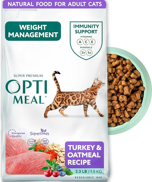 Optimeal Weight Control Dry Cat Food Recipe with Metabolism Support for Healthy Digestion, Premium Nutrition Made with Natural Ingredients for Adult Cats Maintenance (3.3 lbs, Turkey & Oatmeal)