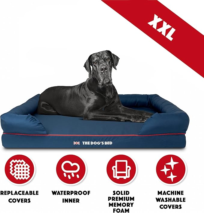 The Dog’s Bed Orthopedic Dog Bed XXL Blue Oxford with Red Trim UK Flag Dog Bed 51.5x39, Memory Foam, Pain Relief: Arthritis, Post Surgery, Lameness, Veterinary Approved, Waterproof Washable Cover