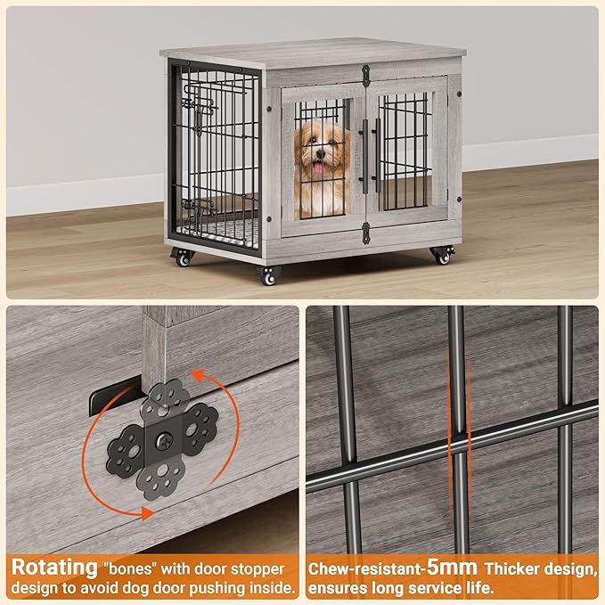 Lulive Small Dog Crate Furniture Set of 2, Dog Kennel Indoor Double Doors Wooden Dog Cage, 27'' Heavy Duty Dog Crate with Cushion & Wheels, End Table Pet House Chew-Resistant Up to 30 lb, Grey