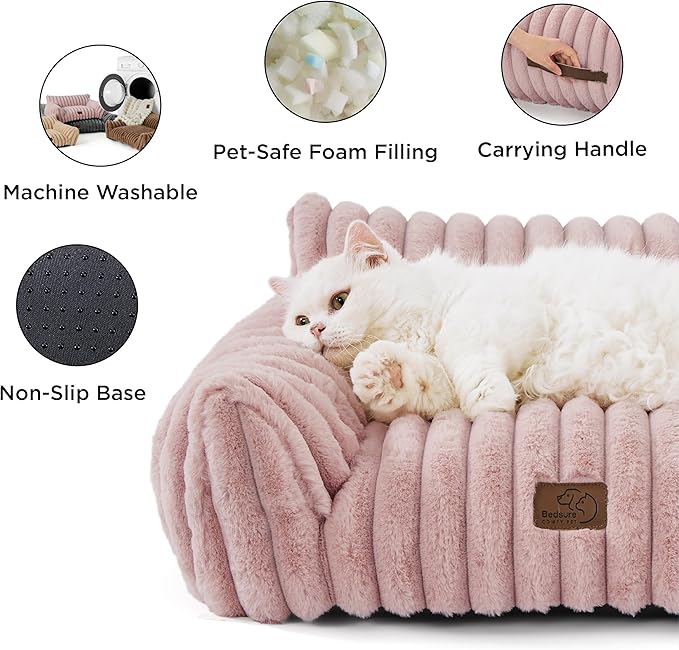 Bedsure Cute Cat Couch for Pets - Fluffy Small Dog Sofa with Premium Soft Corduroy Fleece, Pet Sofa with Removable Washable Cover, Supportive Dog Couch Bed for Small Medium Dogs, 30inch, Blush Pink