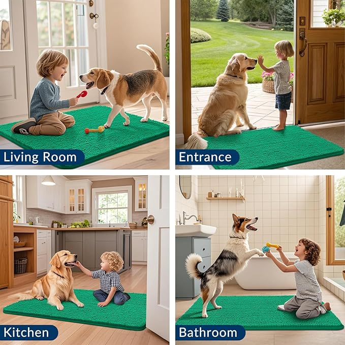 Smiry Dog Door Mat for Muddy Paws 36x24, Absorbs Moisture and Dirt Doormat, Non-Slip Washable Quick Dry Chenille Front Door Mat Indoor Entrance, Entryway Carpet for Inside Floor, Emerald Green