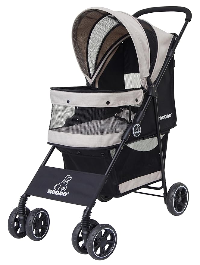 ROODO 4 Wheel Dog Cat Pet Stroller Best Lightweight Foldable Compact Portable Jogger All Terrain Travel Pet Gear Puppy Doggie Bunny Kitty Stroller for up to 30lbs Medium Small Dogs Cats(Light Khaki)