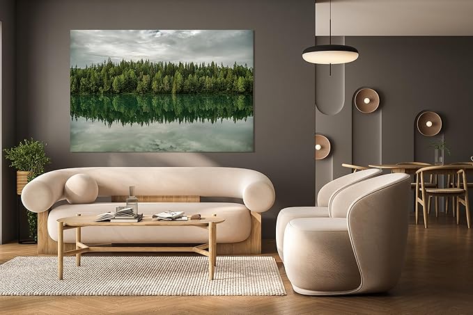 Nature Wall Art Prints - Ocean Forest Mountain Lake Canvas Landscapes - Small to Extra Large Living Room Bedroom Kitchen Bathroom Décor (Forest Reflection, 35L" x 53W")