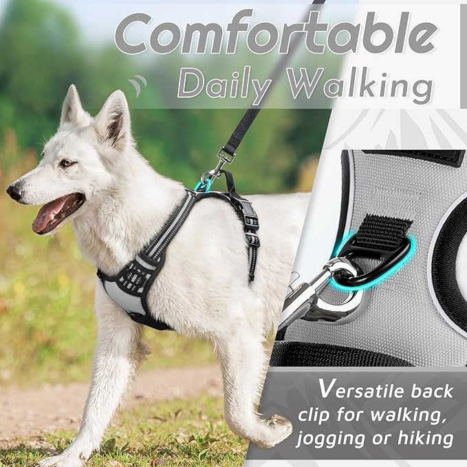Eagloo Dog Harness Medium Sized Dog, No Pull Service Vest with Reflective Strips and Control Handle, Adjustable and Comfortable for Easy Walking, No Choke Pet Harness with 2 Metal Rings, Grey, M