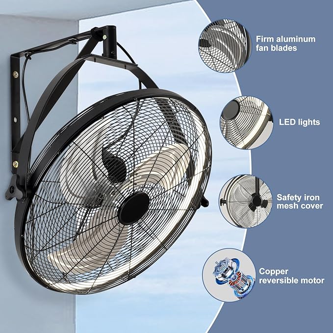 16 inch Wall Mount Fan with Lights and Remote,6-Speed Gazebo Ceiling Fan Adjustable Tilt Dimmable Wall Fan,High Velocity Industrial Outdoor Fans for Patio,Garage,Commercial,Black