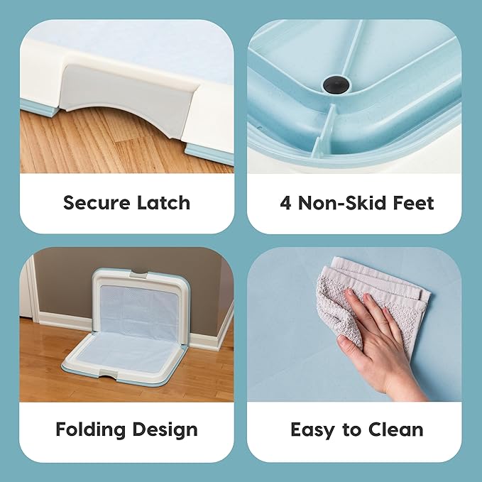 IRIS USA Pee Pad Holder - For Large Sized Puppy and Puppy Training Pads, Secured Latches, Non-Skid Feet, High Polish Finish for Easy Cleaning, Leak Protection, Fits 28"x 34" Pad or Larger, Square, Blue