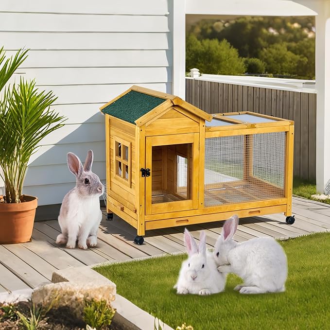 Wooden Rabbit Hutch with Waterproof Roof,Outdoor/Indoor Bunny Cage with Removable Slide-Out Bottom Tray, Chewproof Rabbit cage for Small-Medium Animals (Guinea Pigs, Hedgehogs)