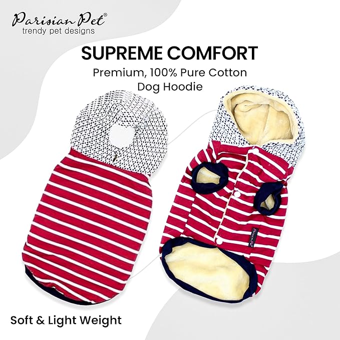 Parisian Pet Basic Dog Hoodie – Lightweight Red Striped Pom Pom Hoodie - Dog Sweatshirt – Pullover Hoodies for Dogs with Leash Hole and Pockets – Dog Clothes for Medium Dogs - M