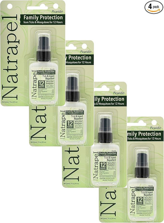 Natrapel Tick & Insect Repellent - Bug Spray with 20% Picaridin - Family Protection Against Mosquitoes, Ticks & More - Up to 12 Hours of Protection - 1 oz (4 Pack)