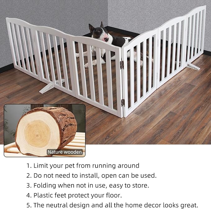 ZJSF Foldable Freestanding Indoor Dog Gate for House Wood White Long Pet Gates Dog Fence for Stairs Puppy Gates for Hallways,Pet Fence, Puppy Gate,Support Feet Included 32 "Height-6 Panels