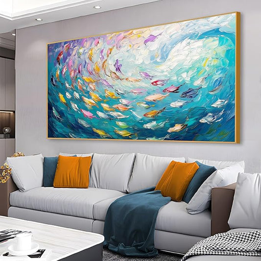 Fish Canvas Wall Art, Abstract School of Fish Canvas Wall Art, School of Fish Painting Canvas, School of Fish Wall Art, Fish Wall Decor, Fish Pictures Wall Decor, Bedroom Canvas Wall Decor (Gold Framed, 69"x39" | 174x98cm)