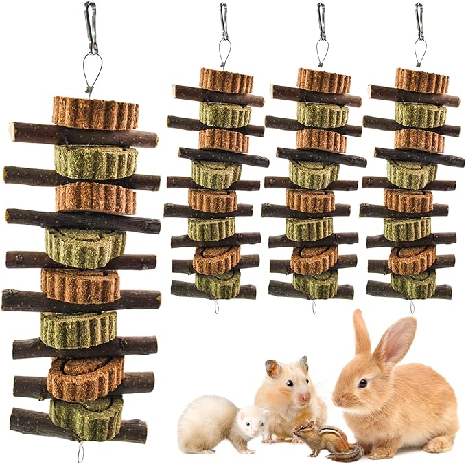 Rabbit Chew Toy,Bunny Chew Toys for Teeth Grinding,Natural Apple Branch Teething Sticks with Hay Grass Cake Improve Dental Health Bunny Hanging Chew Toys for Rabbits,Chinchillas,Hamster (4 Pcs)