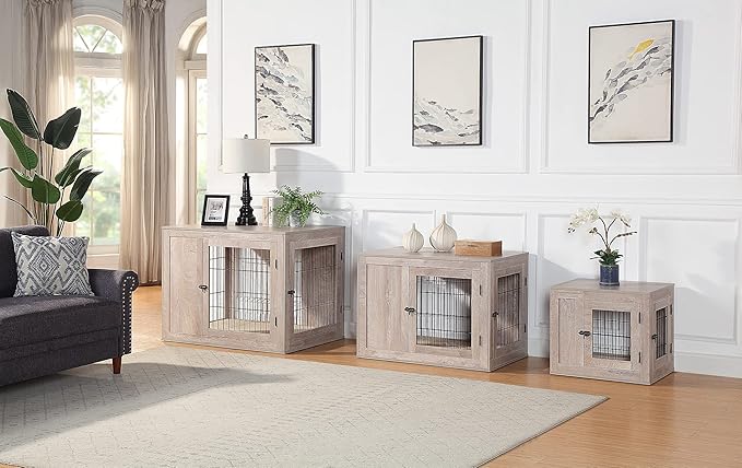 unipaws 41 Inch Furniture Style Dog Crate for Medium Large Dogs, Indoor Aesthetic Dog Stuff Kennel, Modern Wood Wire Cage, Pretty Cute End Side Table Nightstand, Weathered Grey