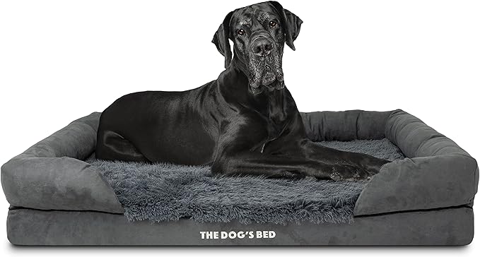 The Dog’s Bed, XXL Grey Fur Memory Foam, Pain Relief: Arthritis, Hip & Elbow Dysplasia, Post Surgery, Lameness, Supportive, Calming, Waterproof, Washable Cover, Veterinary Approved