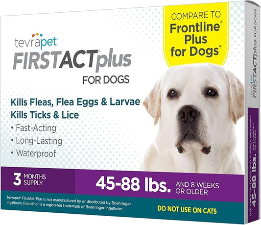 TevraPet FirstAct Plus Flea and Tick Topical for Dogs 45-88 Pounds, 3 Applicators