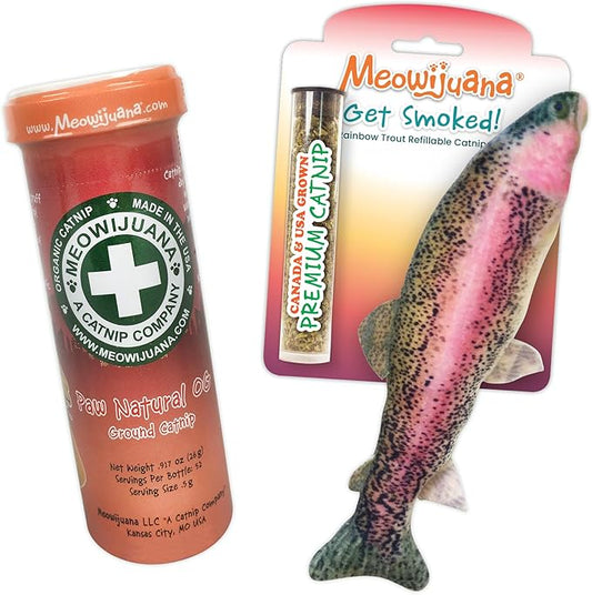 Meowijuana Clawsome Bundle | Get Smoked Refillable Trout Toy and Paw Natural OG Catnip Blend | Promotes Play and Cat Health | Includes North American Organic Catnip