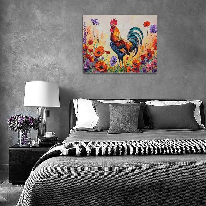 Rooster Wall Art Flower Poppy Canvas Living Room Pictures Framed Prints Colorful Floral Large Wall Decor Animal Painting Artwork for Bedroom Dining Home 16"x12"