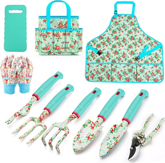 Garden Tools Set WANCHI 10 Piece Heavy Duty Floral Garden Tool Set Gardening Gifts for Women Men Birthday Rust-Proof Aluminum Garden Hand Tools Gardening Kit with Tote Bag Apron Glove