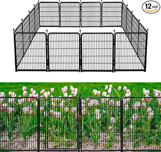 Garden Fencing 48in High No Door, 12 Panels Total 26.6Ft(L) Dog Fence Outdoor for Yard. Black Metal Fencing for Yard 4ft Tall, Flower Bed Fence, Animal Barrier Fences