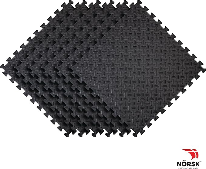 Norsk Foam Floor Gym Mats with Interlocking Tiles, .47" Thick, 24"x24", 42-Pack, 168 Square Feet, Diamond Plate Design, Black