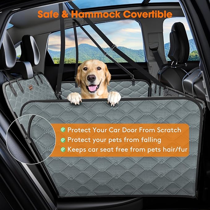 MIXJOY Back Seat Extender - Hard Bottom Dog Car Seat Cover, Waterproof & Foldable Dog Hammock for Car Travel, Grey