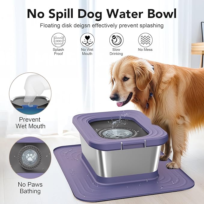 Decflow 10L Stainless Steel Dog Water Bowl, No Spill Anti-Splash Dog Bowls with XXL Silicone Mat, Spill-Proof Slow Feeder for Messy Drinkers, Heavy Duty Pet Bowls for Indoor/Outdoor Use Purple