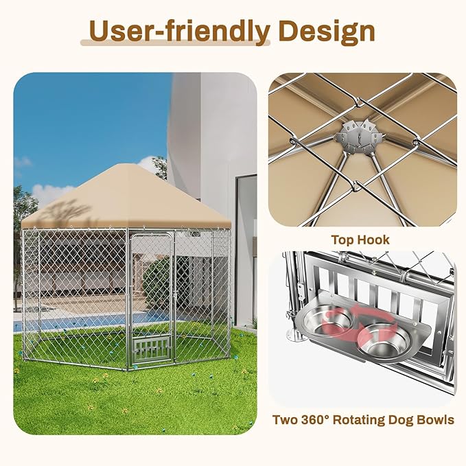 Outdoor Dog Kennel with Cover, Large Dog Run Fence House Big Cage Pen Enclosure, Heavy Duty Dogs Play Cage Pen Kennel (110" L x 95" W x 92.8" H)