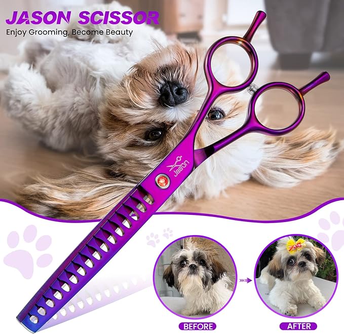 JASON 7.5" Dog Grooming Scissor - Professional Chunker Shear with Ergonomic Handle Japanese Stainless Steel Hair Scissor for Dogs, Cats and Other Pets, Sharp (Chunker, Purple)