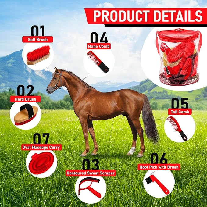 9 Pieces Horse Grooming Kit Tack Room Supplies Set with Organizer Tote Bag, Oval Massage Curry, Hard and Soft Brush, Hoof Pick, Sweat Scraper, Bathing Sponge, Combs for Horse Riders Beginners (Red)