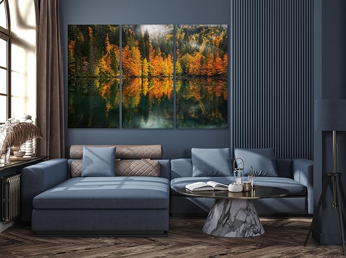 Nature Wall Art Prints - Ocean Forest Mountain Lake Canvas Landscapes - Small to Extra Large Living Room Bedroom Kitchen Bathroom Décor (Autumn by the Lake, 35L" x 53W" - 3 Panels)