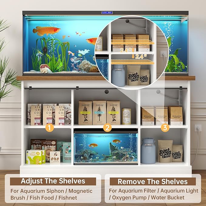 55-75 Gallon Fish Tank Stand with Sliding Barn Doors & Power Outlet, Heavy Duty Aquarium Stand with Cabinet Storage for Fish Tank, Turtle Tank, Reptile Terrarium, 1000LBS Capacity, White