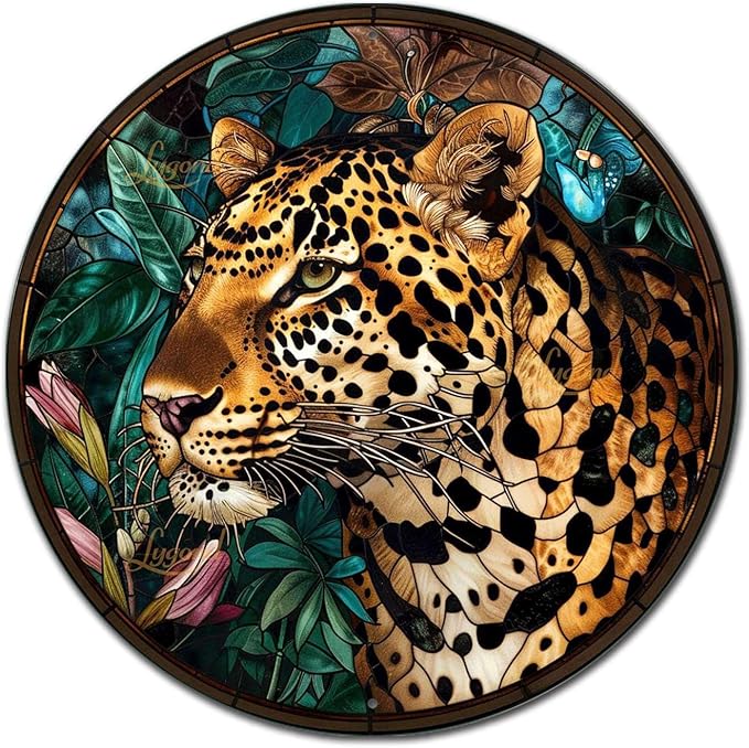 Lygond Metal Sign Tin Sign Circular Stained Glass Leopard Gardening Poster for Bar 12×12 Inches