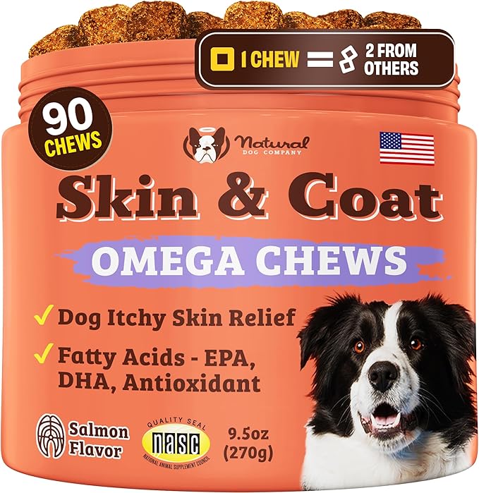 Natural Dog Company Skin & Coat Supplement for Dogs Omega-3 Rich Salmon Oil Chews for Itchy Skin Relief, Shedding & Allergy Support, Shiny Coat Health, with Biotin, Vitamin E, Grain-Free (90 Count)