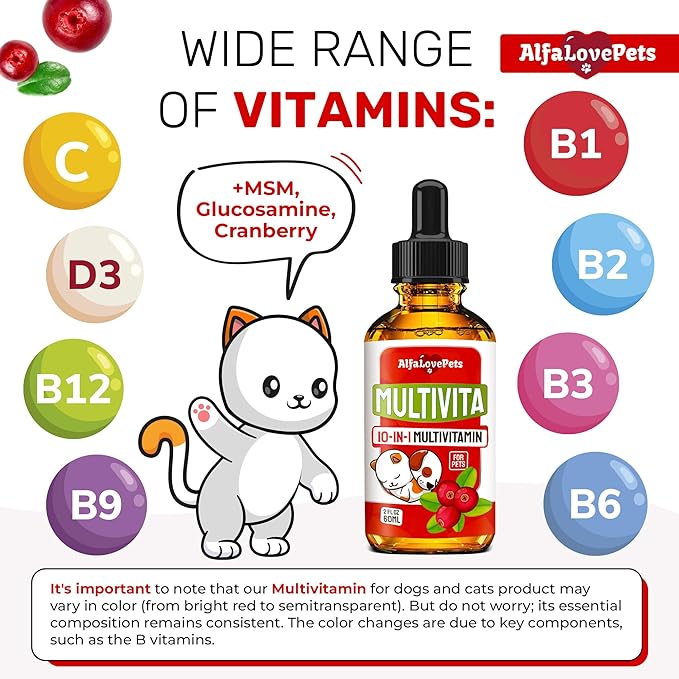 Liquid Multivitamin for Dogs – Cat Multivitamins for Indoor Cats – 10-in-1 Liquid Dog Vitamins B Complex, C, D3 – Digestion, Urination, Hip & Joint, Skin & Coat – Cranberry Flavor – 2 Oz