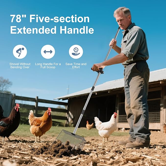 15" Widely Chicken Coop Poop Scooper- Ergonomic Chicken Poop Scooper with 38" to 77" Adjustable Long Handle, Extra-Large Scoop for Sand and Litter, Easy-to-Clean, Multi-Scene Use for Poultry