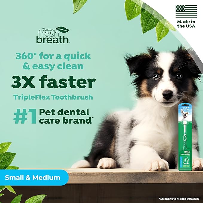 TropiClean Fresh Breath TripleFlex Toothbrush for Small & Medium Dogs | 360-Degree Dog Dental Cleaning | Dog Toothbrush for Small & Medium Breeds