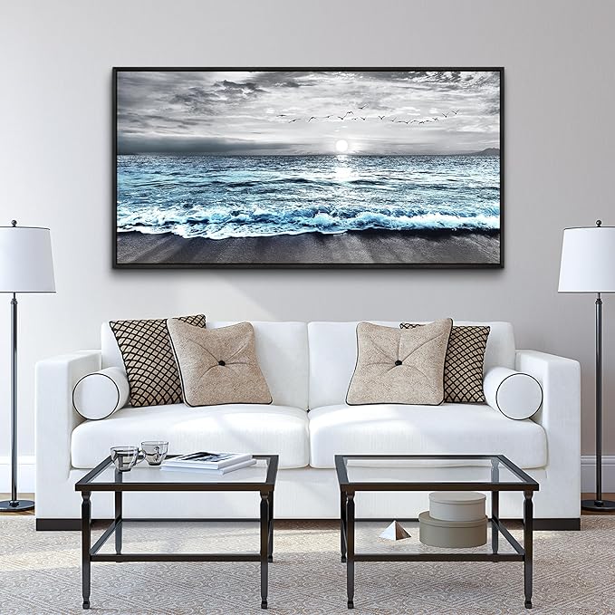 Wapluam Large Black Framed Wall Art For Living Room Wall Decor For Bedroom Office Wall Decorations Black And White Wall Painting Blue Sea Wave Pictures Artwork For Modern Beach Canvas Prints Poster
