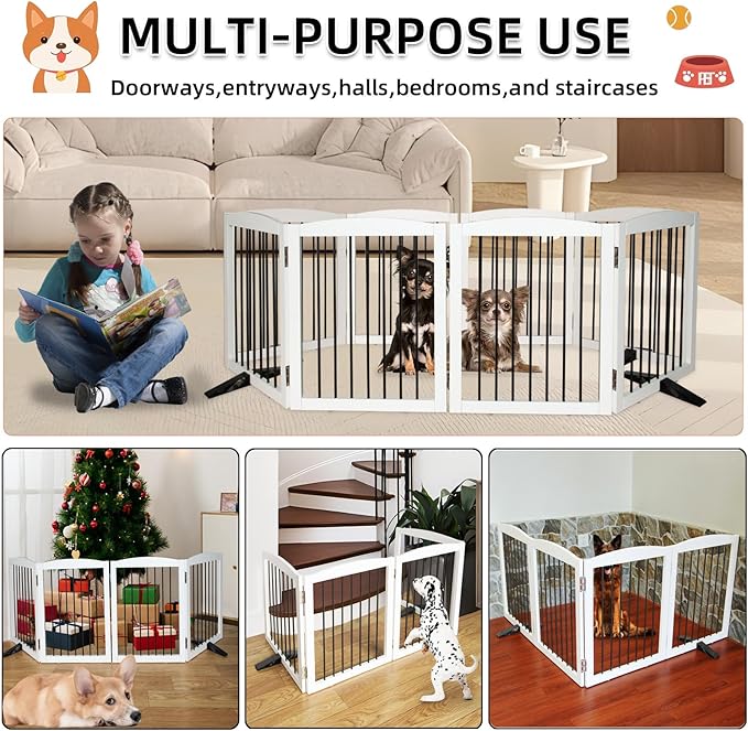 ZJSF Freestanding Panel Dog Gate for Indoor, Doorways,Stairs, or Hallways,Foldable Wooden White Pet Gates for House,Pet Gate for Dogs,Dog Fence, Puppy Gate,Support Feet Included,24 "Height-3 Panels