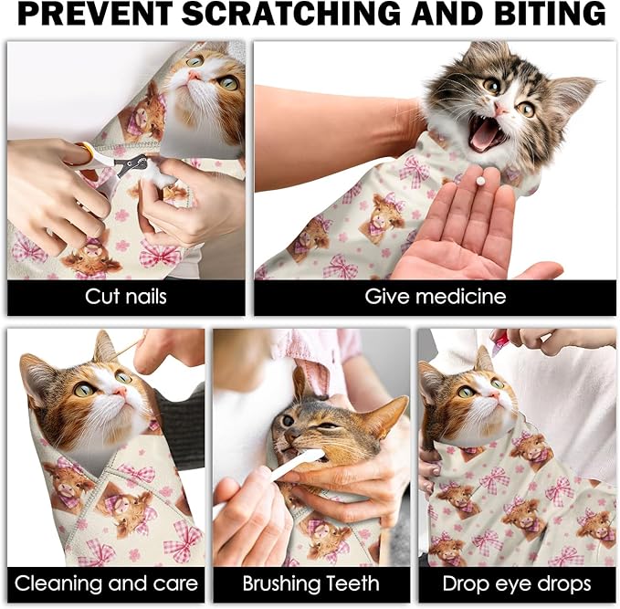 27.6" Cat Grooming Wrap, Self Adhesive Cat Wrap for Cutting Nails, Anti-Escape Calming Cat Swaddle Wrap for Medicine Ear Cleaning, Cow Anti-Scratch Cats Burrito Restraint Blanket, Practical Pet Tool