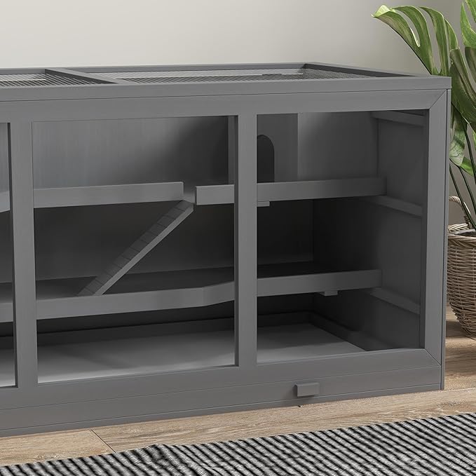 PawHut 45" Extra Large Wooden Hamster Cage, 3-Layer Chewproof Rat Cage with Opening Roof, Hut, Ramps, for Gerbil, Dwarf & Syrian Hamsters, Gray