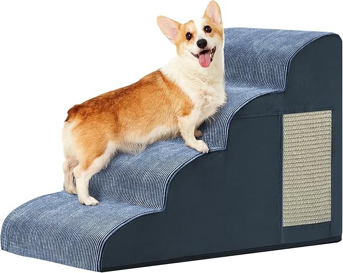 Navy Portable Pet Steps - 4-Step Dog & Cat Ramp for Bed, Couch, Sofa & Chairs - Non-Slip, High Density Foam