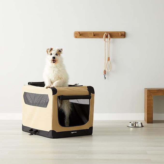 Amazon Basics 2-Door Portable Soft-Sided Folding Soft Dog Travel Crate Kennel, Medium (M 30" x 21" x 21"), Tan