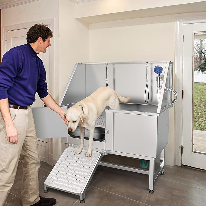 YITAHOME 50in Dog Grooming Tub Bathtub for Home 304 Stainless Steel Professional Dog Bath Washing Station w/Left Ramp, Faucet, Floor Grate for Large, Medium, Small Pets