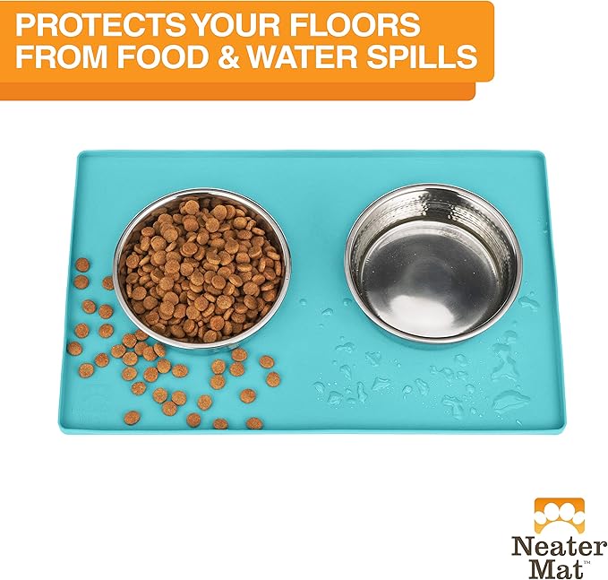 Neater Pet Brands Neater Mat Pet Mats for Food and Water, Cat & Dog Bowl Mat Waterproof Silicone, Feeding Tray, Dog Food Mats for Floors, Placemat w/Raised Edge for Under Bowls, 16” x 10”, Aquamarine