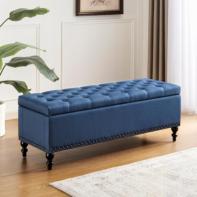 Ottoman with Storage,50.2-inch Upholstered End of Bed Storage Bench for Bedroom,for The Living Room,for Entryway, with Rivets & Button and Safety Hinges,Detachable (Blue)